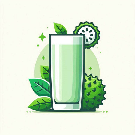 Vector illustration of a glass of fresh smoothie with cucumber and leaves.のイラスト素材