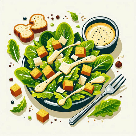 Salad with cheese and greens. Vector illustration in flat style.のイラスト素材