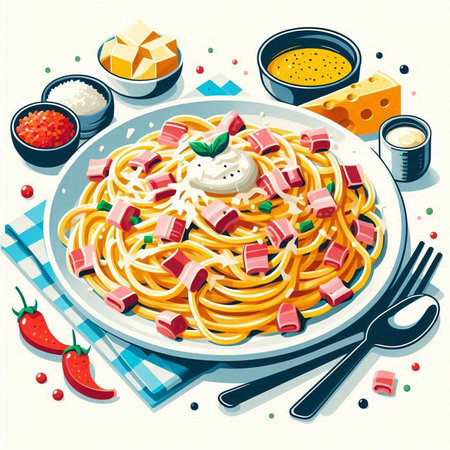 Spaghetti with ham, cheese and herbs on plate. Vector illustrationのイラスト素材