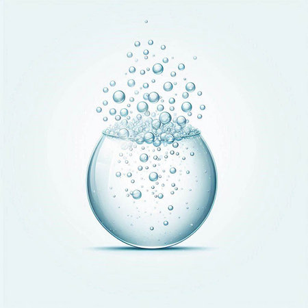 illustration of water bubbles in a round glass aquarium on a white backgroundのイラスト素材
