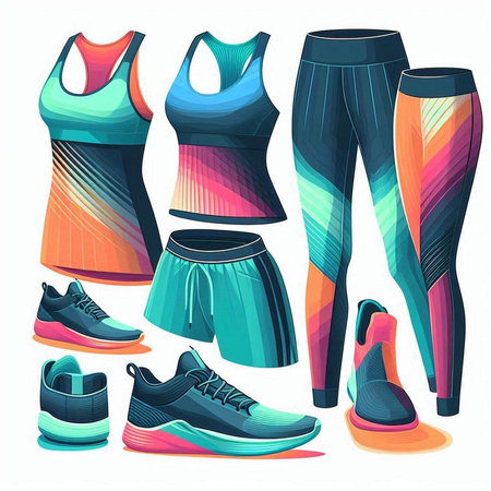 Vector set of sportswear and shoes. Sneakers, tank top, shorts and tank top.のイラスト素材