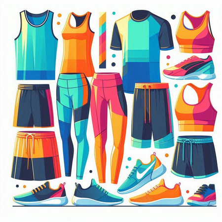 Set of colorful sportswear and sneakers. Vector illustration in cartoon styleのイラスト素材
