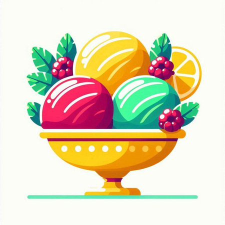 Ice cream in a vase with berries and fruits. Vector illustration.のイラスト素材