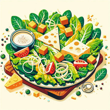 Salad with cheese, lettuce, tomato, onion and sauce on the plate. Vector illustration.のイラスト素材