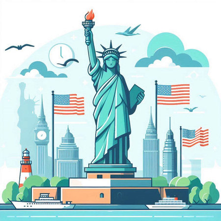Statue of Liberty with USA flag. Vector illustration in flat styleのイラスト素材