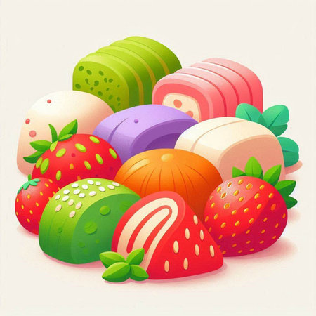 Vector illustration of delicious jelly candies with strawberry and mint leaves.のイラスト素材
