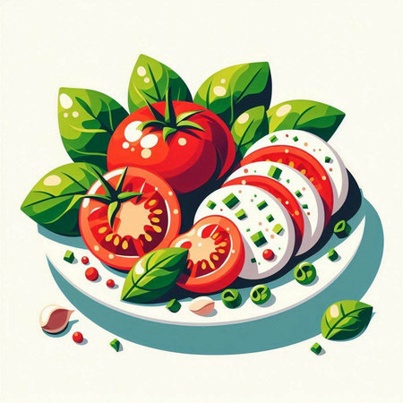 Tomato salad with mozzarella and basil. Vector illustration.のイラスト素材