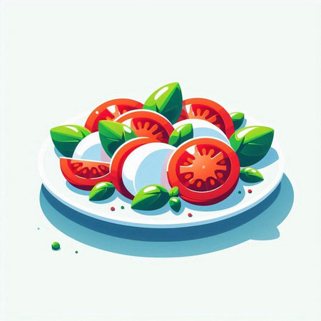 Tomatoes, mozzarella and basil on a plate. Vector illustration.のイラスト素材