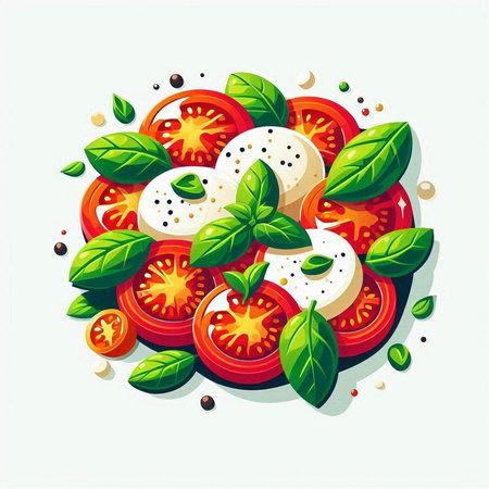 Caprese salad with tomato, mozzarella and basil. Vector illustrationのイラスト素材