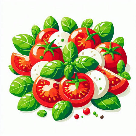 Tomatoes, mozzarella and basil leaves. Vector illustration.のイラスト素材