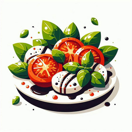 Illustration of fresh tomato salad with mozzarella cheese and basil leavesのイラスト素材