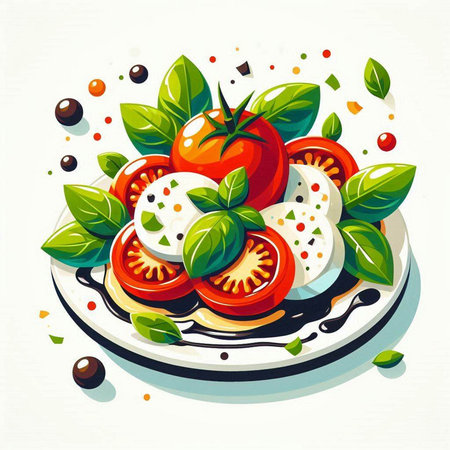 Caprese salad with tomatoes, mozzarella cheese and basil. Vector illustration.のイラスト素材