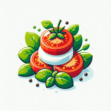 Illustration of fresh tomato with basil and peppercorns on white backgroundのイラスト素材