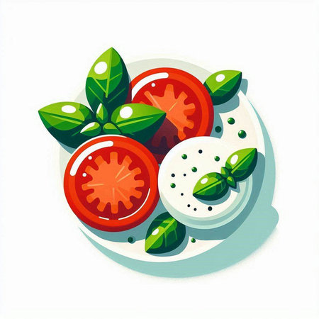 Tomato, mozzarella and basil leaves. Vector illustration.のイラスト素材