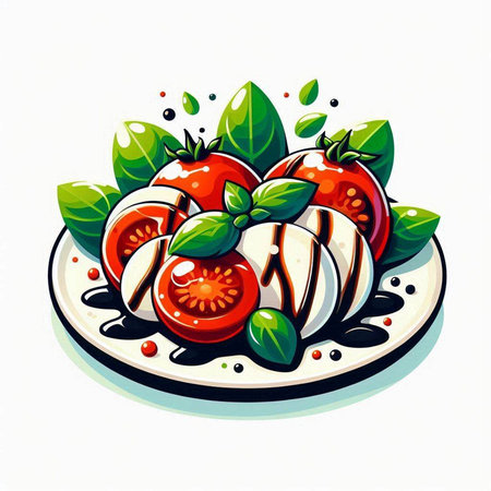 Illustration of tomato salad with mozzarella and basil leaves.のイラスト素材