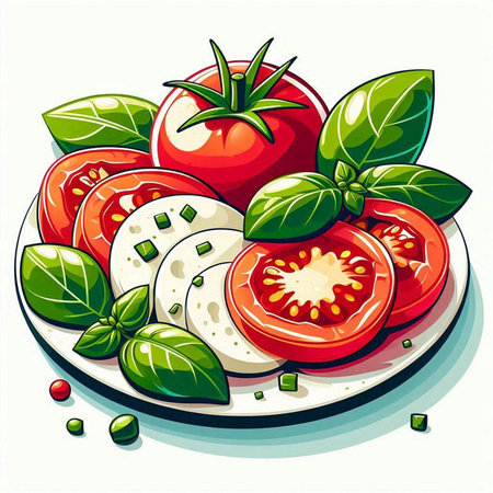 Illustration of a tomato and mozzarella salad with basil leavesのイラスト素材