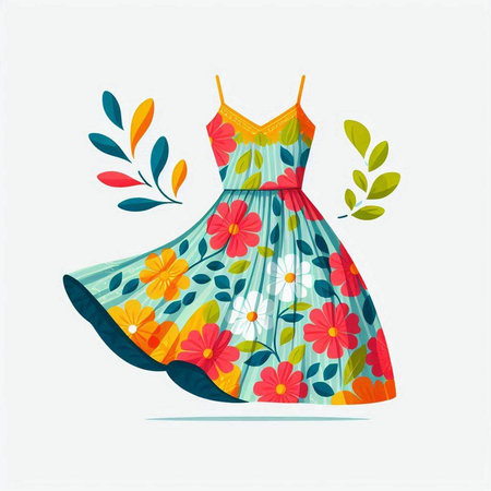 Fashionable summer dress with flowers and leaves. Vector illustration.のイラスト素材