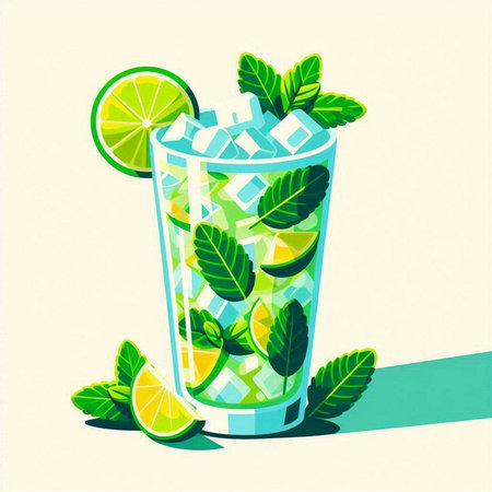 Mojito cocktail with lime, mint and ice. Vector illustration.のイラスト素材
