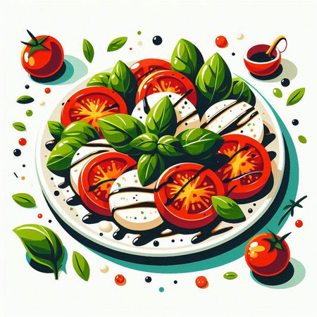 Caprese salad with tomatoes, mozzarella cheese and basil leaves on white plate.のイラスト素材