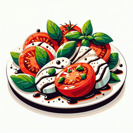 Illustration of Caprese salad with tomatoes, mozzarella cheese and basil.のイラスト素材