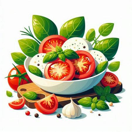 Illustration of a bowl of tomato salad with basil and mozzarellaのイラスト素材