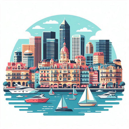 Cityscape with buildings, boats and yachts. Vector illustration.のイラスト素材