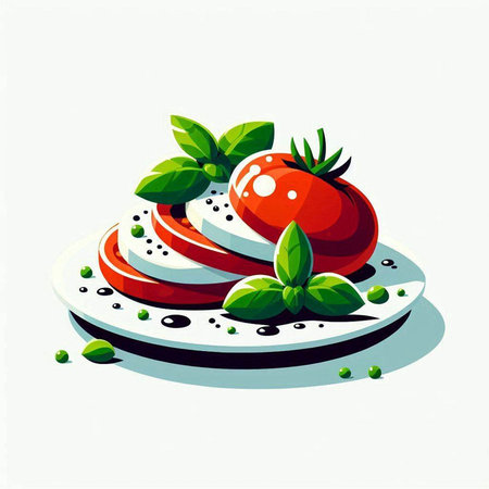 Illustration of tomato and mozzarella with basil on white backgroundのイラスト素材