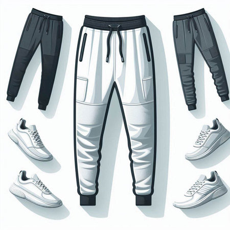 Set of sport pants and sneakers on white background. Vector illustration.のイラスト素材