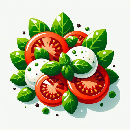 Vector illustration of fresh tomato salad with basil leaves and mozzarella cheeseのイラスト素材