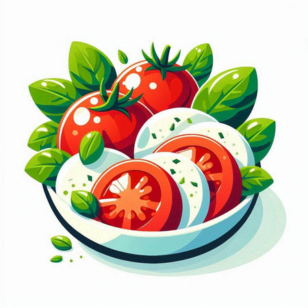 Tomato salad with mozzarella cheese and basil leaves. Vector illustration.のイラスト素材