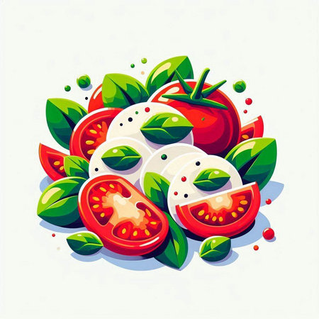 Illustration of fresh tomato salad with mozzarella and basil leavesのイラスト素材