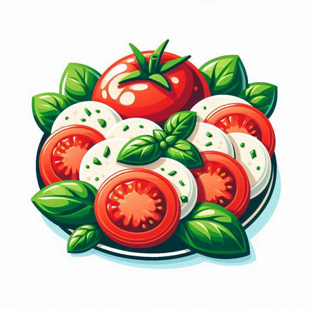 Illustration of tomato, mozzarella and basil on white backgroundのイラスト素材