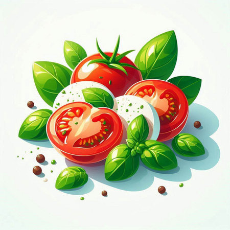 Illustration of fresh tomatoes with basil leaves and peppercorns on white backgroundのイラスト素材