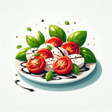 Caprese salad with cherry tomatoes, mozzarella cheese and basil leaves. Vector illustration.のイラスト素材