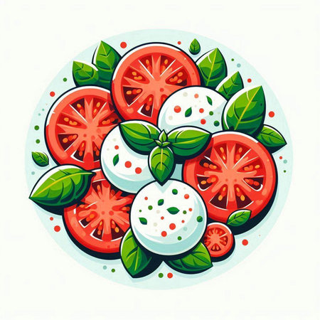 Tomato and mozzarella with basil leaves. Vector illustration.のイラスト素材