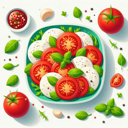 Caprese salad with tomatoes, mozzarella cheese, basil and spices on a white background.のイラスト素材