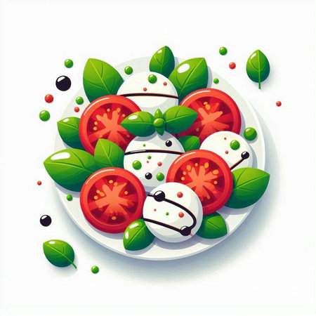 Vector illustration of caprese salad with tomatoes, mozzarella cheese and basil leavesのイラスト素材