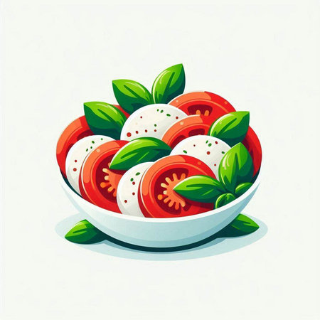 Tomato and mozzarella salad in a bowl. Vector illustration.のイラスト素材