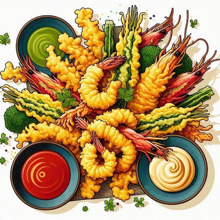 Illustration of Tempura with Shrimps, Vegetables and Sauceのイラスト素材