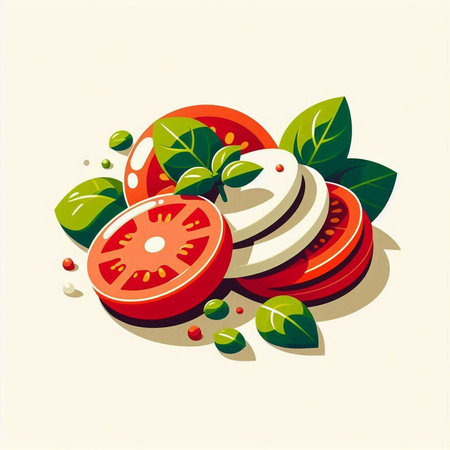 Tomato slices and basil leaves on white background. Vector illustration.のイラスト素材