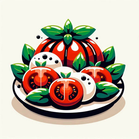 Tomato salad with mozzarella and basil. Vector illustration.のイラスト素材