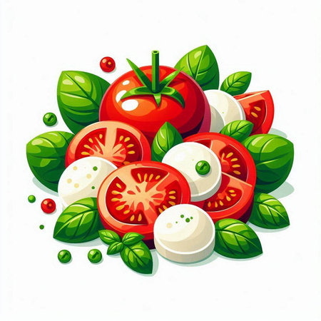 Tomatoes, mozzarella and basil leaves. Vector illustration.のイラスト素材