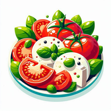 Illustration of tomato salad with mozzarella cheese and basil leavesのイラスト素材
