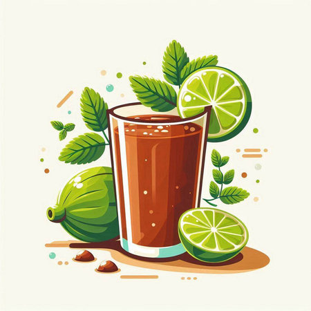 Glass of fresh smoothie with lime and mint. Vector illustration.のイラスト素材