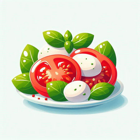 Tomato, mozzarella and basil on a plate. Vector illustration.のイラスト素材