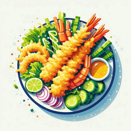 Illustration of fried shrimp on plate with sauce and chopsticks.のイラスト素材