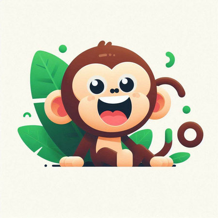 funny cartoon monkey sitting on the green leaves. vector illustration.のイラスト素材