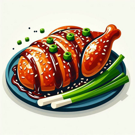 Illustration of a grilled chicken with green onions and sesame seedsのイラスト素材