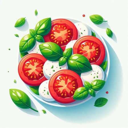 Caprese salad with tomato, mozzarella cheese and basil. Vector illustrationのイラスト素材