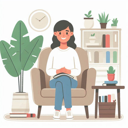 Young woman sitting in armchair and reading book. Flat style vector illustration.のイラスト素材